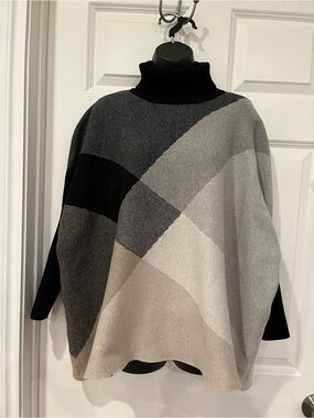 Joseph A Colorblock Turtleneck Poncho Sweater - Black, Gray, Cream, Tan